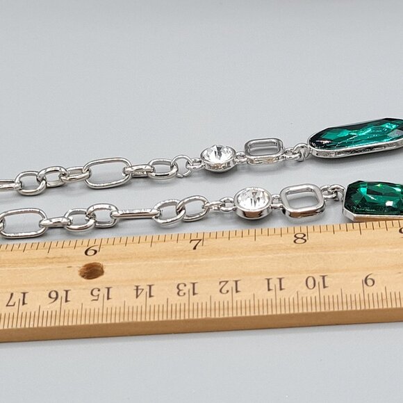 Silver Tone Link Pendant Necklace With Green Cabochons White Crystal Accents - Picture 7 of 8